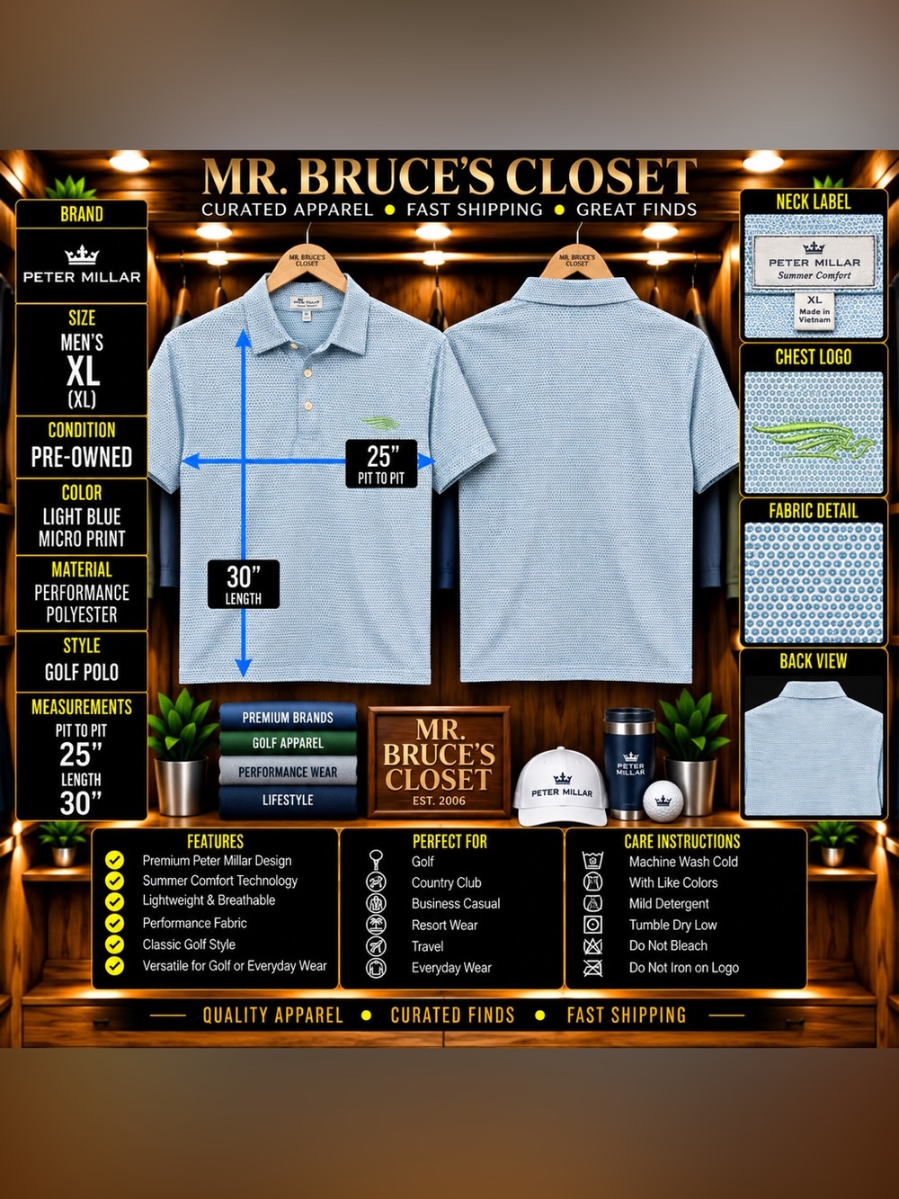Peter Millar Light Blue Micro-Print Performance Golf Polo